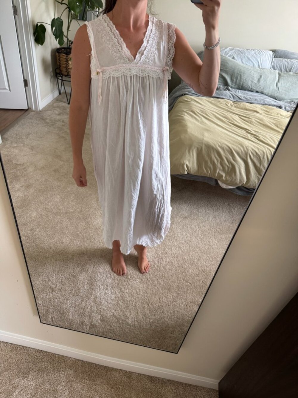 Vintage Christian Dior Lace Cotton Maxi Nightgown with Rosette Accents